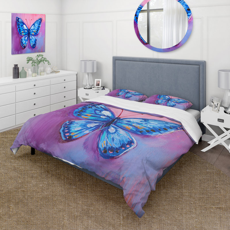 Ensemble de housse de couette Modern Blue Butterfly I - polyester microfibre, Housse de couette pour très grand lit et 2 très