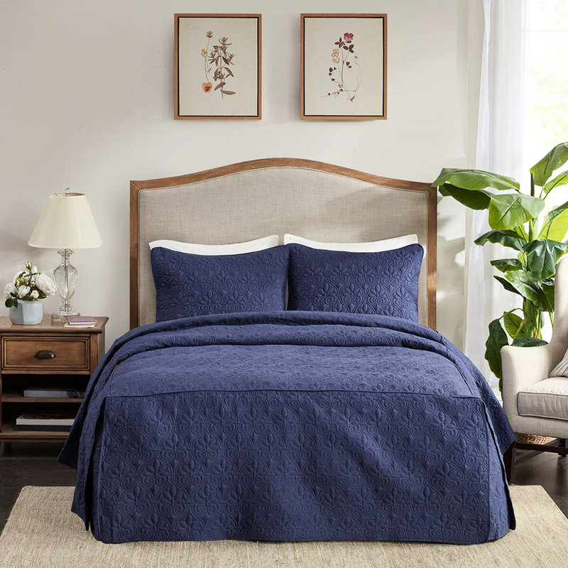 Navy King Bedspread - Pleated, Split Corner, 100% , , , Box Sewing, King Bedspread + 2 King Shams, Navy
