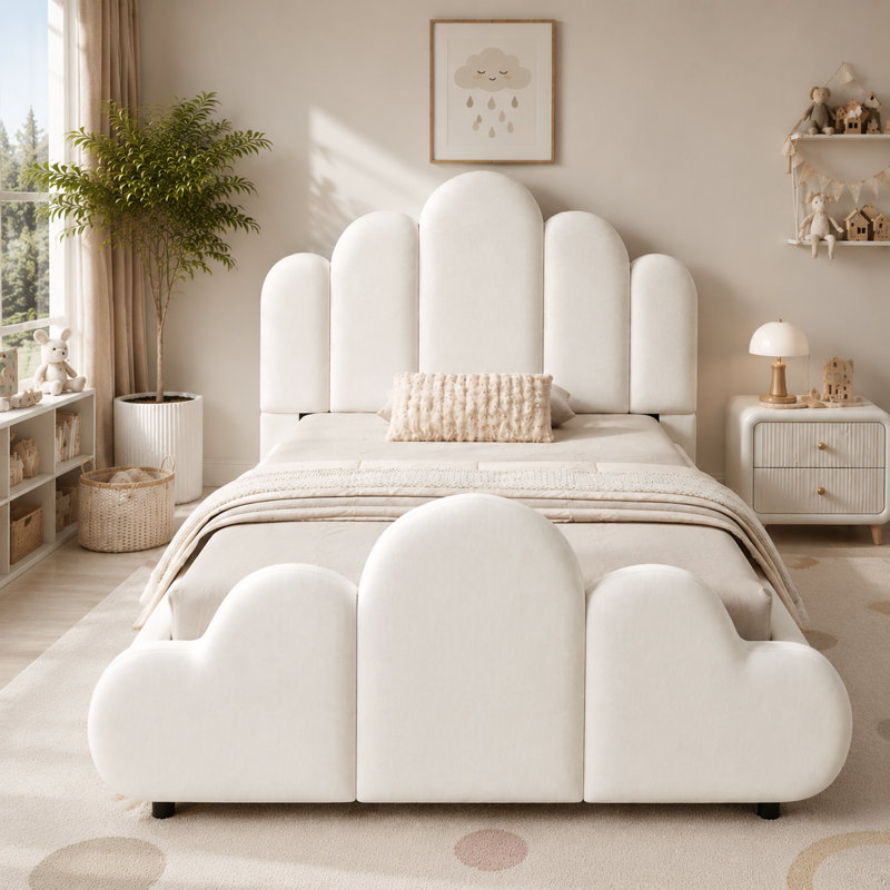3FT Single Petal-Shaped Upholstered Bed, Beige Velvet