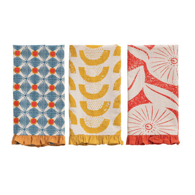 Cotton Printed Tea Towel Set With Ruffle