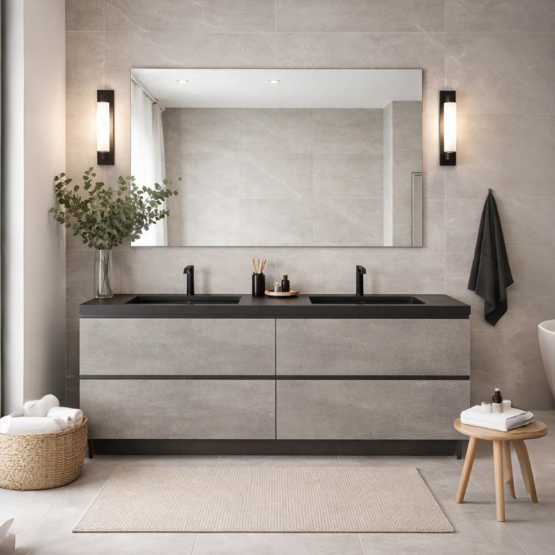 60'' Cement Grey Floating Bathroom Vanity With Resin & Quartz Sand Top