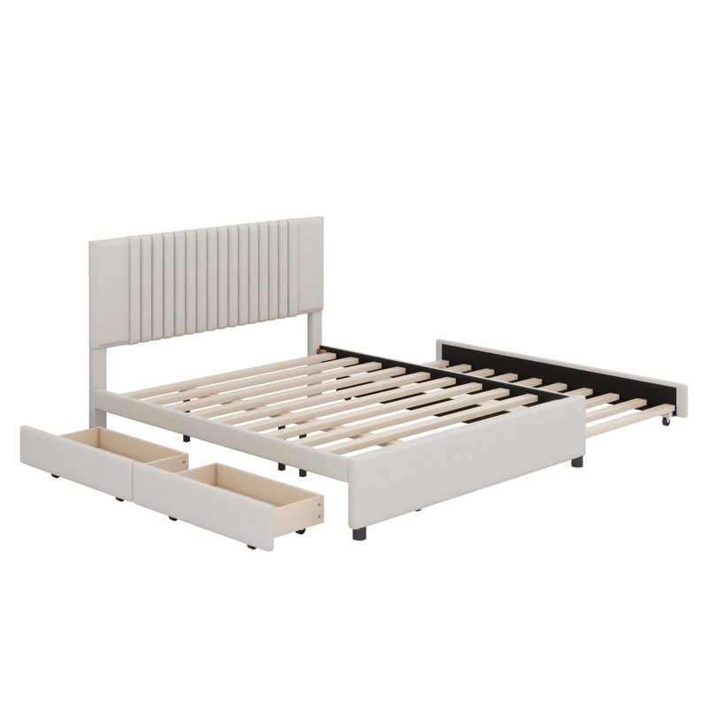 Lit plateforme tapissier avec 2 tiroirs et lit gigogne, tête de lit classique, Beige