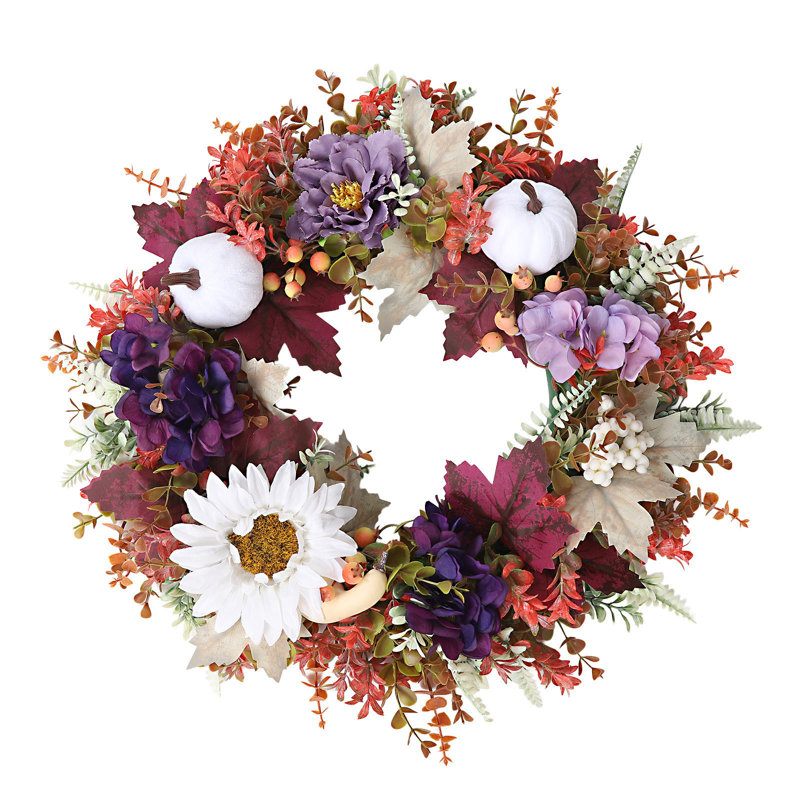 Couronne de citrouilles artificielles avec feuilles séchées, pommes de pin et baies, décoration d'automne pour l'intérieur et l'extérieur, idéale pour les récoltes de Thanksgiving.
