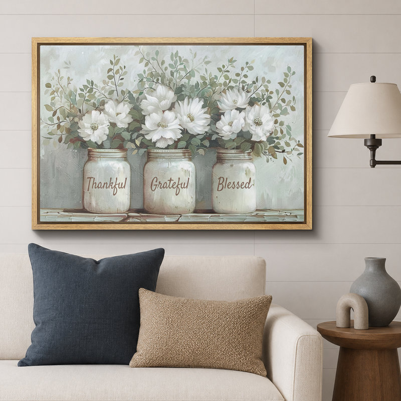 «Thankful Grateful Blessed Inspirational Green Floral Rustic Mason Jar», grande impression sur toile, H 24 po x l 36 po