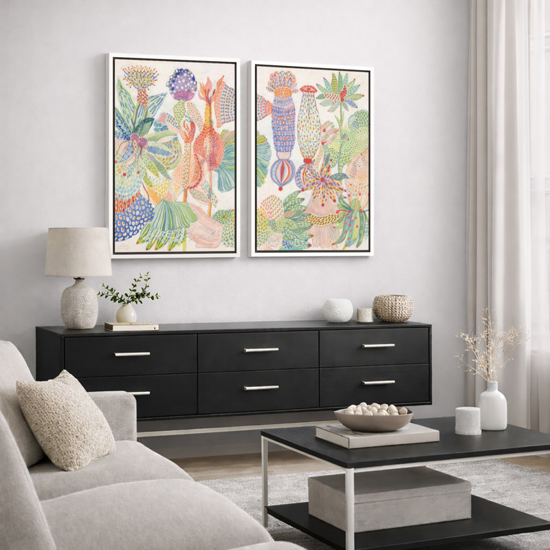 Motif botanique coloré, images de salon, impression sur toile encadrée, H 36 po x l 48 po, Cadre flottant blanc