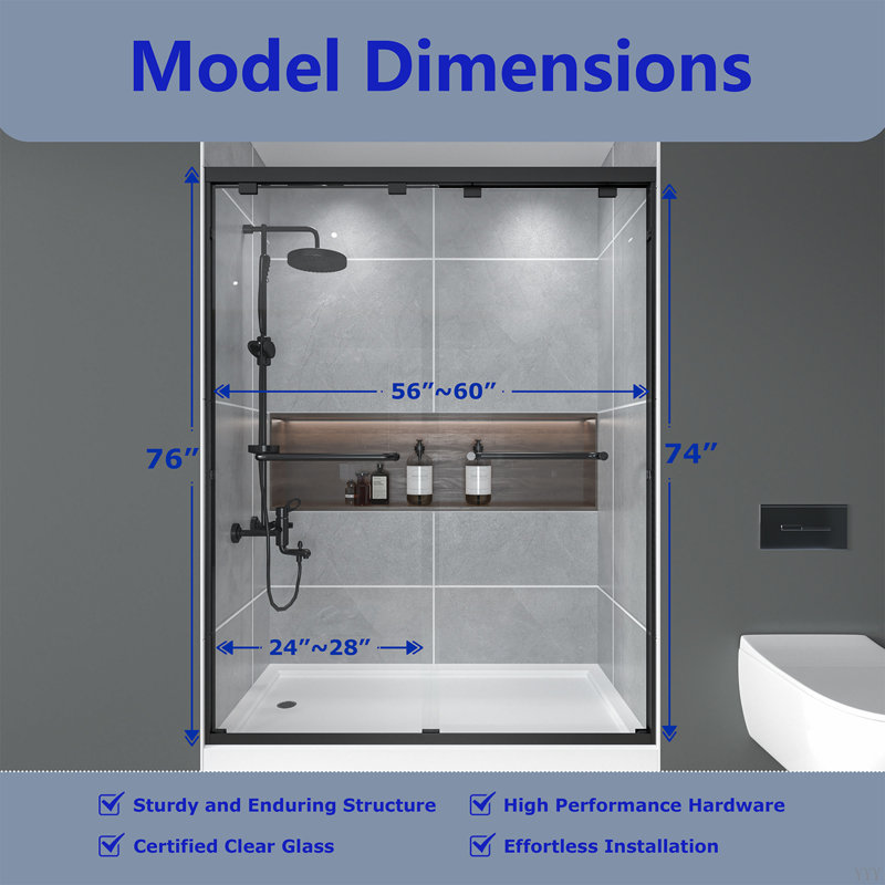 56-60" W X 72" H Double Sliding Shower Door ,1/4" (6Mm) ANSI/SGCC Tempered Glass,Fingerprint,Resistant Design, Matte Black