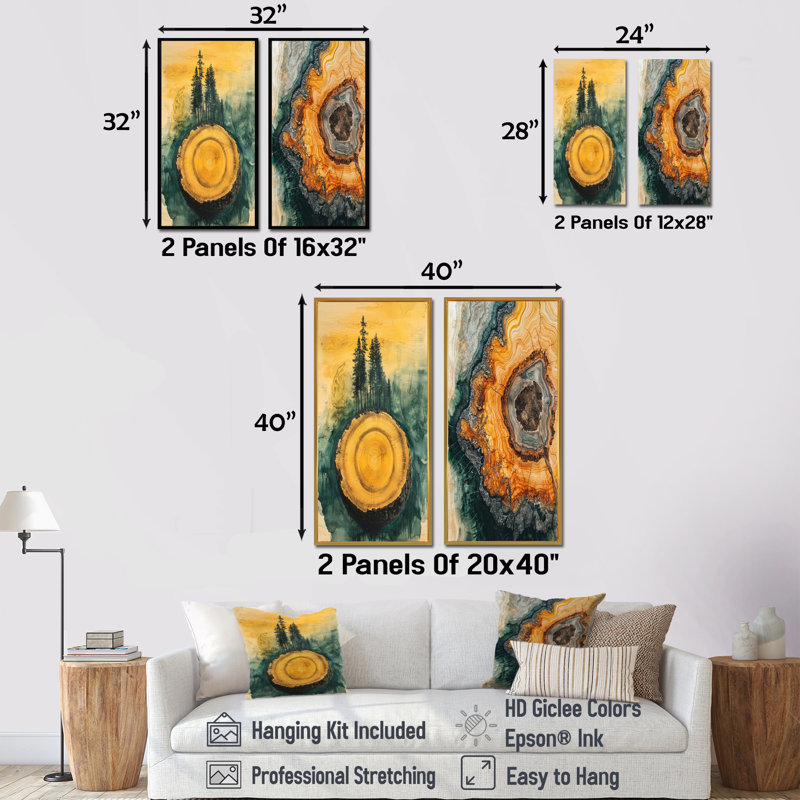 «Emerald River Into The Pine Wood Forest I», collection d'art sur toile 2 panneaux, H 40 po x l 41 po, Cadre crème crème