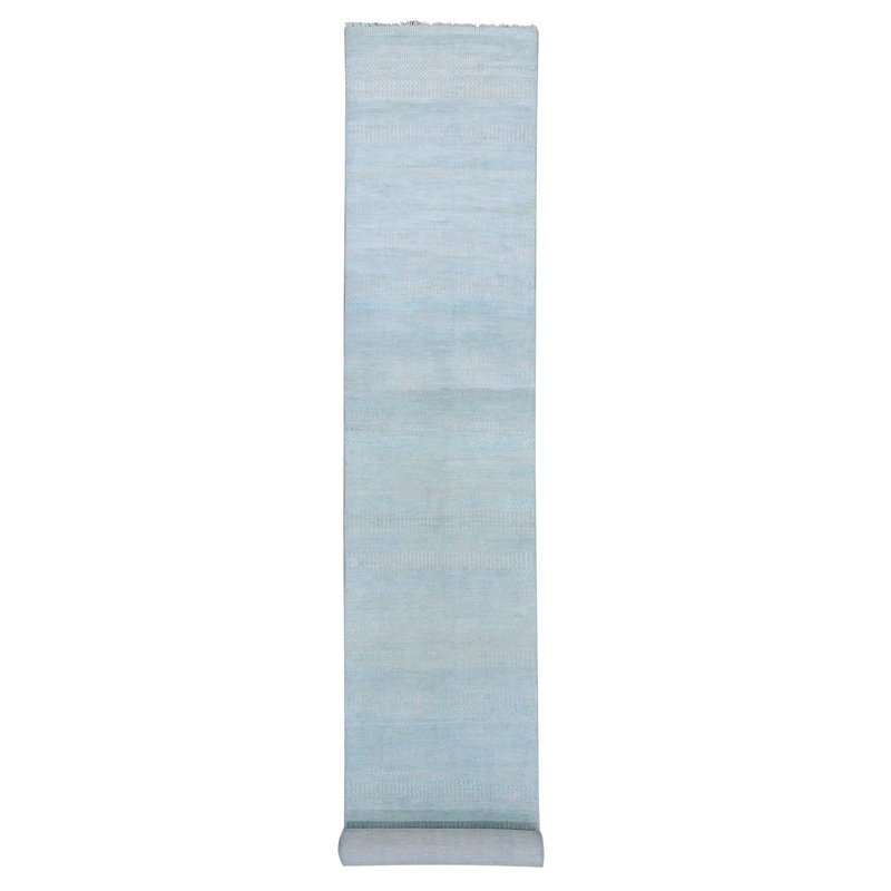Tapis de couloir XL 2 pi 8 po x 15 po bleu clair, en laine tissée dense et en soie Gabbeh