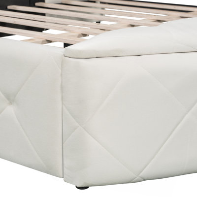 Lit plateforme tapissier en velours avec tête de lit à oreilles, 1 grand tiroir et 2 tabourets de rangement latéraux (beige)
