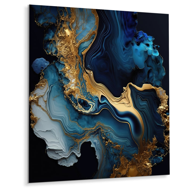 Géode abstraite marbre bleu III - décoration murale abstraite en métal marbre, H 20 po x l 12 po