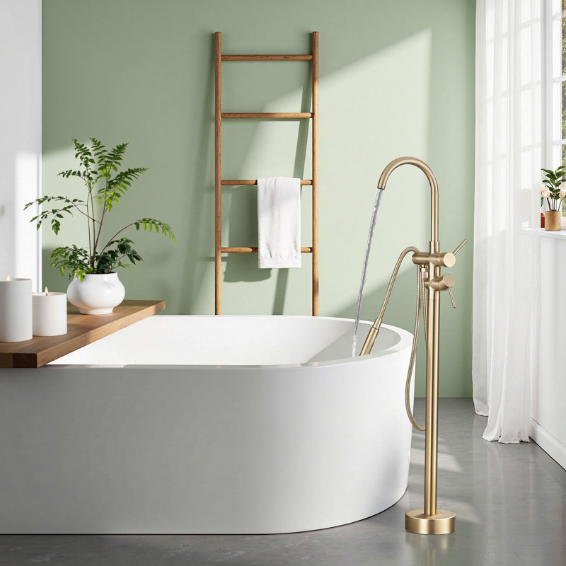 Double Handle Floor Mounted Freestanding Tub Filler Faucet with Handshower, Gold