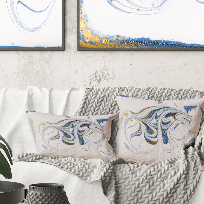 Coussin décoratif blanc, bleu et doré - Marble Rivers, 16 po x 16 po