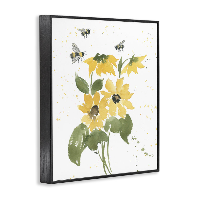 «Bumble Bees & Daisies», art de la giclée encadrée par Lucille Price, H 14 po x l 11 po, Giclée encadrée noir minuit