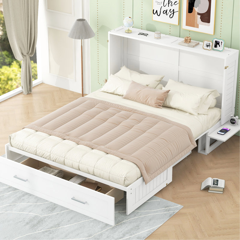 Grand lit blanc pour grand lit avec tiroir et tablette fonctionnelle, grand assemblage