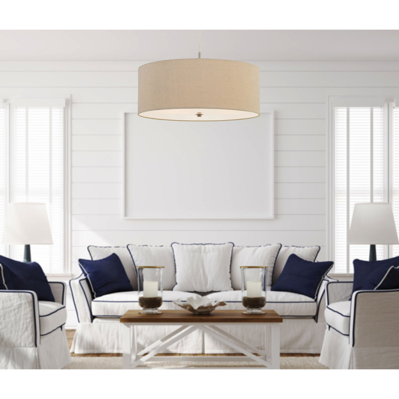 Three-Light Pendant Fixture Linen Drum Shade 11.8" H Hardwired Lighting