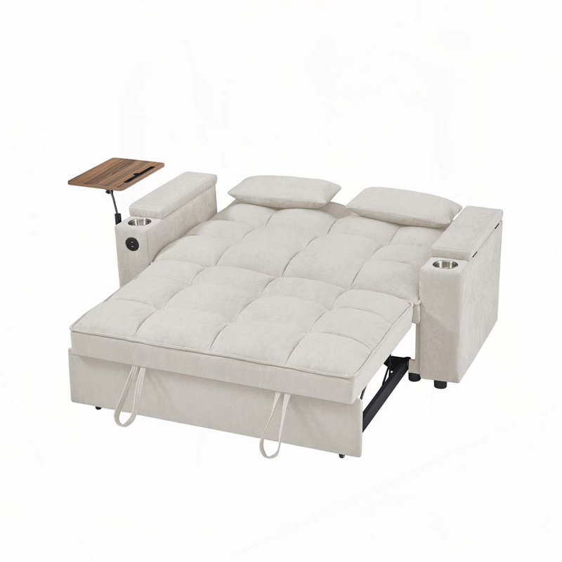 Canapé-lit chenille en tissu avec accoudoirs de rangement, port USB et table d'appoint, Beige