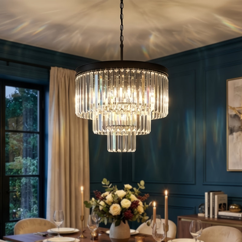 Lustre unique à 7 lumières avec accents de cristal Hallum, Noir, noir, noir, noir
