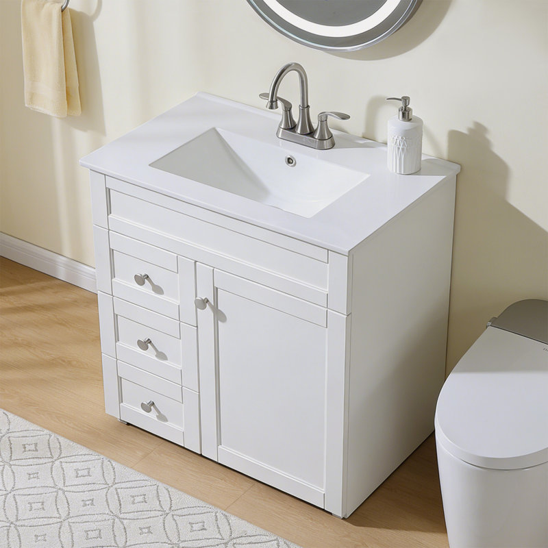 30" Free-standing Single Bathroom Vanity Set with Ceramic Sink - Modern White Cabinet with 2 Soft-Close Drawers