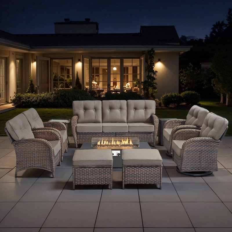 9-Piece Outdoor Garden Family Party Conversation Set With Fire Pit Table And Swivel Chairs, Gray