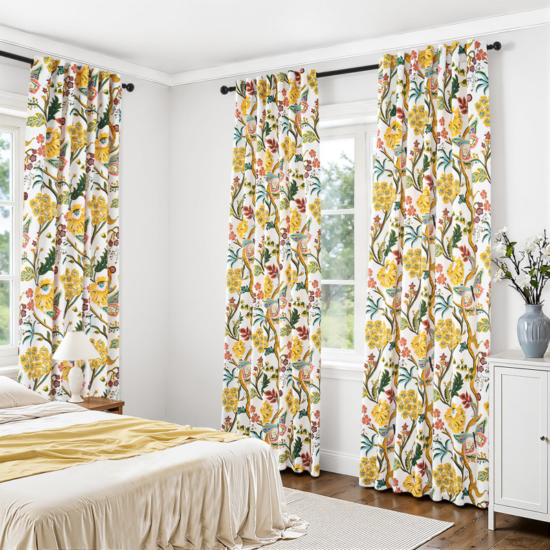 Ensemble de 2 rideaux à motif floral Mid Century, Jaune moutarde, L 52 po x L 96 po