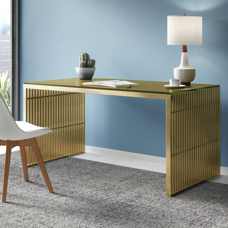 Jules Glass Top Metal Base Writing Desk, Gold