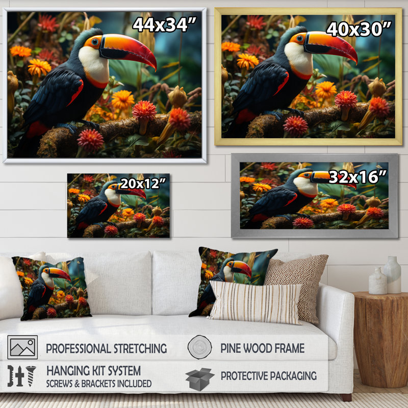 Toco Toucan South America Jungle Symphony I - Animals Wall Decor, H 34 po x l 44 po x P 1,5 po, Cadre flottant noir