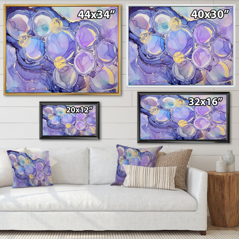 Mauve luxueux abstrait fluide VI - peinture sur toile, Cadre flottant doré, H 24 po x l 32 po x P 1 po