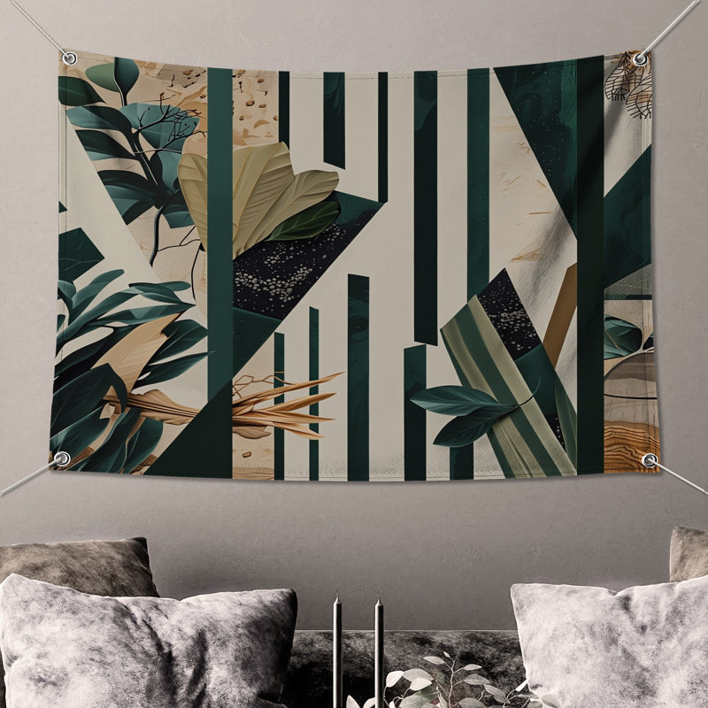 Tapisserie murale abstraite "Collage de feuilles" - décoration murale feuillage, H 50 po x l 60 po avec 4 œillets