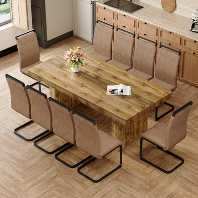 Galan 79" Farmhouse Dining Table Set For 6-10 People, Large Wood Kitchen Dining Set With Upholstered Faux Leather Chairs, Modern Dining Room Furniture Set