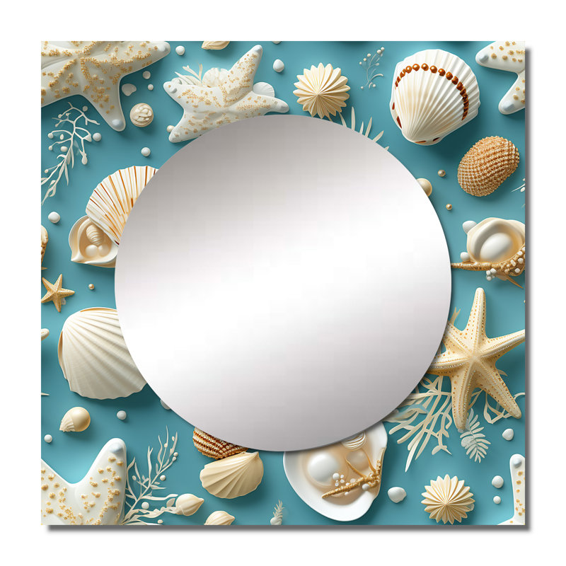 Motif côtier de coquillages côtiers - art abstrait carré en miroir pour salle de bain, 23 po x 23 po