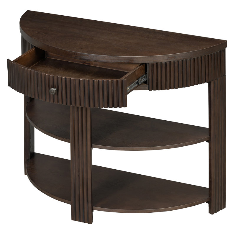 Console cannelée demi-lune avec tiroir et 2 tablettes pour le hall d'entrée, le salon et le couloir, Espresso, Espresso