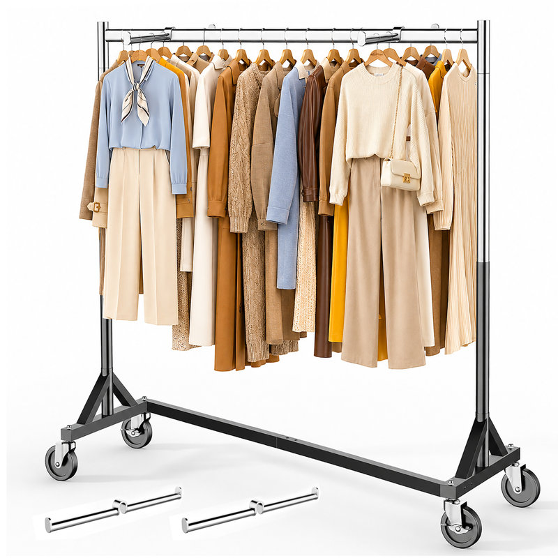 Support à vêtements robuste à base en Z commercial, support de vêtements en acier d'une capacité de 500 lb avec 2 bras de présentation amovibles, hauteur réglable à 3 niveaux de 60 po à 72 po pour le rangement et la maison, argent