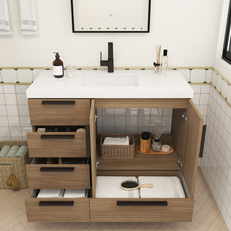 Meuble-lavabo autoportant avec tiroirs latéraux Carla, 42", Chêne français foncé