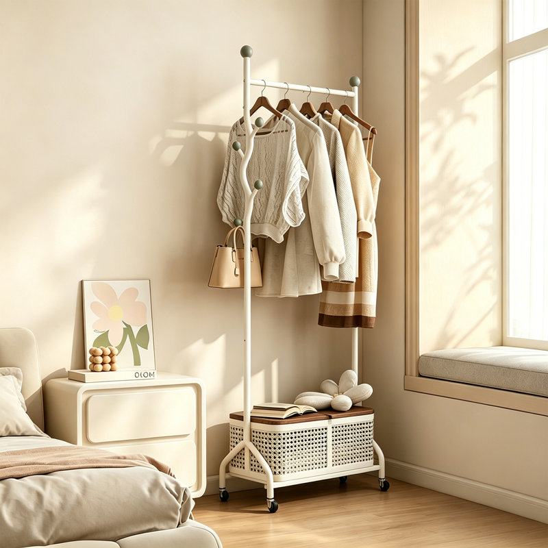 Modern Rolling Entryway Coat Rack, Cream