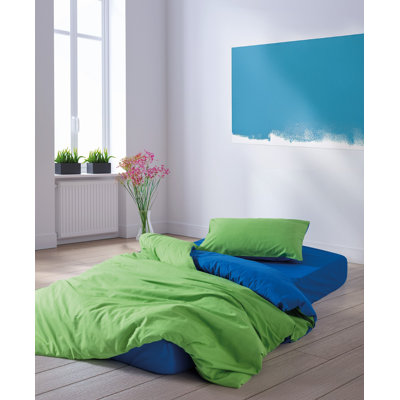 100% Cotton Ranforce Single Quilt Cover Set, Green & Blue | Includes Duvet Cover (63 x 87), Fitted Sheet (39 x 79 + 11.8), Pillowcase (20 x 28) | Machine Washable, Reactive Printing, Button Closure