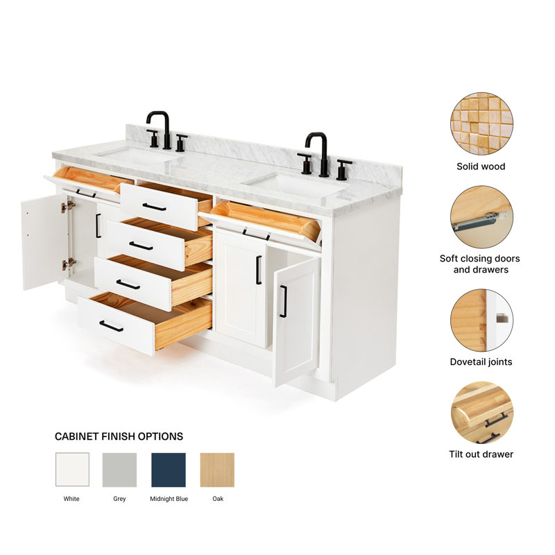 ARIEL HEPBURN 73 IN DOUBLE RECTANGLE SINK VANITY 1,5 IN, White, 73", Rectangular