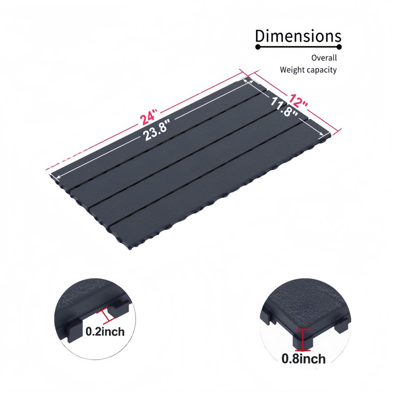 Carreau de terrasse rectangulaire en plastique à emboîtement de 24 po x l 12 po, 24 pièces inclus, Gris foncé
