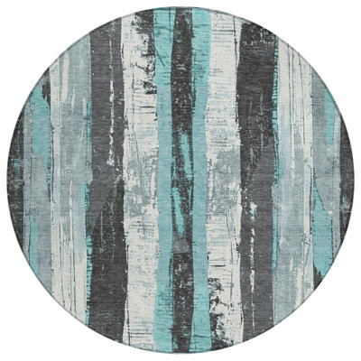 8' Teal Blue And Gray Round Striped Washable Indoor Outdoor Area Rug