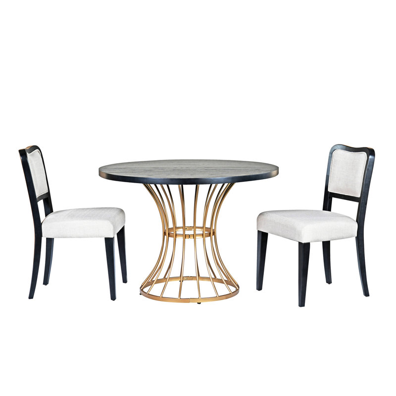 Table de salle à manger ronde en chêne foncé de 42 pouces avec table en placage d'apparence en bois massif, 2 chaises rembourrées en noyer, base en fer robuste, coin cuisine et base pour coin, style