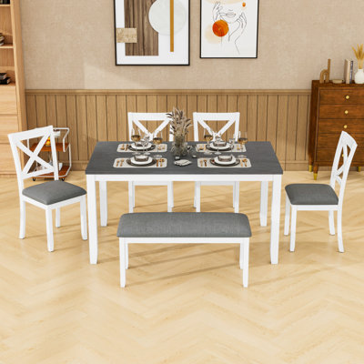 Ensemble de table de salle à manger 6 pièces, table rectangulaire de style campagnard avec chaises rembourrées et banc