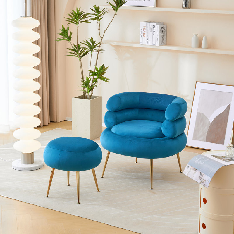 Fauteuil demi-tonneau avec repose-pieds Parkwoods, Velours bleu