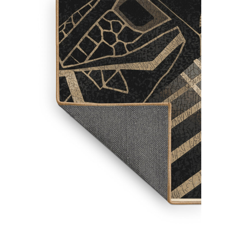 Tapis moelleux doux et moelleux art déco en forme d'étoile Khepri en noir - reliure brun clair, 6 x 9