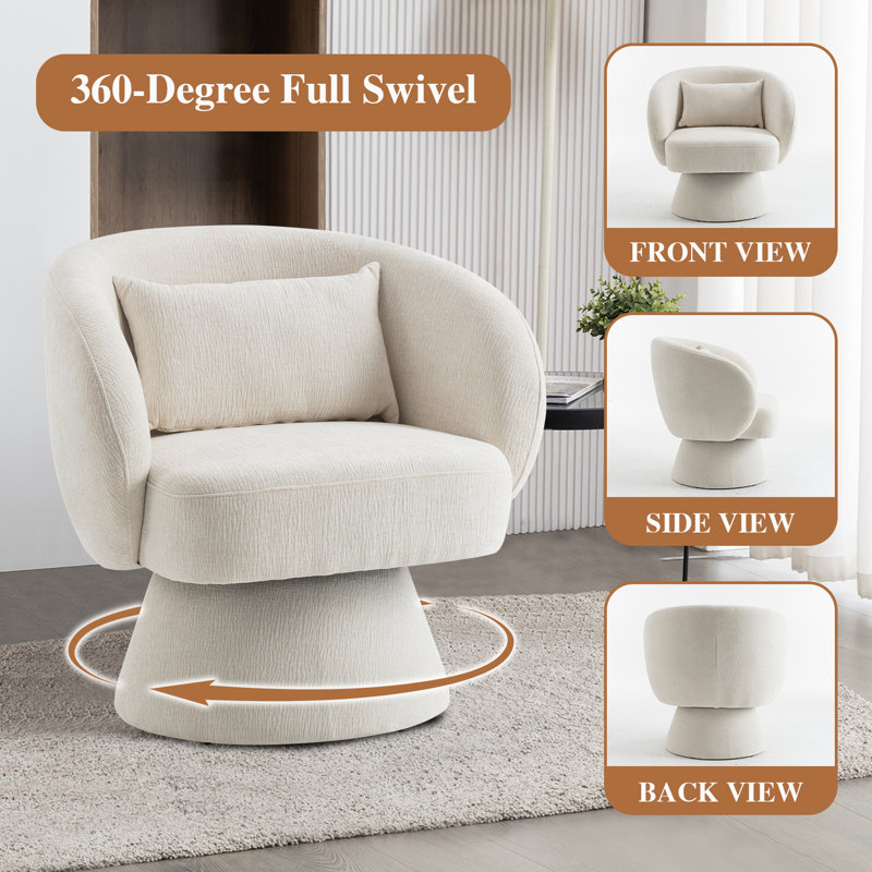 360° Swivel Accent Chair, Modern Velvet Barrel Chair With Pillow, Upholstered Single Sofa For Living Room, Bedroom, Office, Ivory