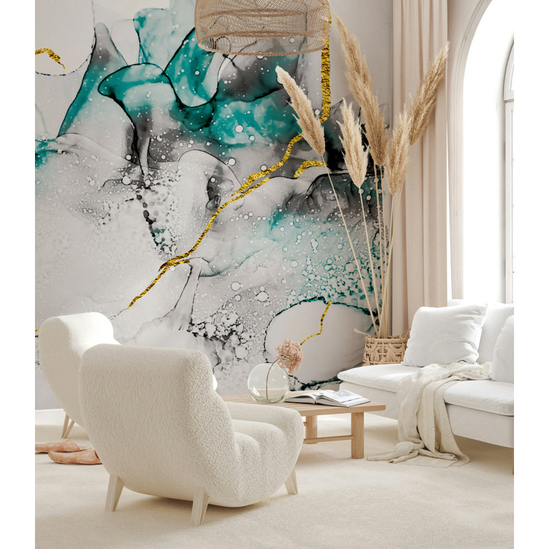Papier peint veiné or gris sarcelle, L 50 po x l 75 po