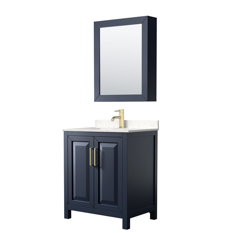 Ensemble de meuble-lavabo simple 30 po avec miroir Daria, Marbre de culture de Carrare, Bleu très foncé, Or brossé
