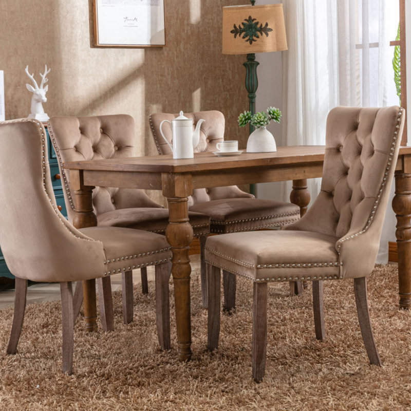 Allena Tufted Chairs Upholstered Chairs with Solid Wood Frame Nailhead Back and Ring Pull Trim , Velvet Khaki, Light Wood
