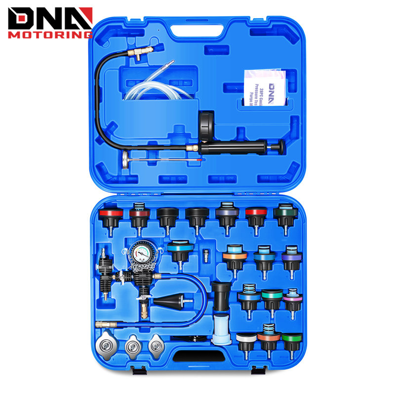 28Pcs Radiator Pressure Tester Vacuum Cooling Purge System Refill Kit+Case, Blue