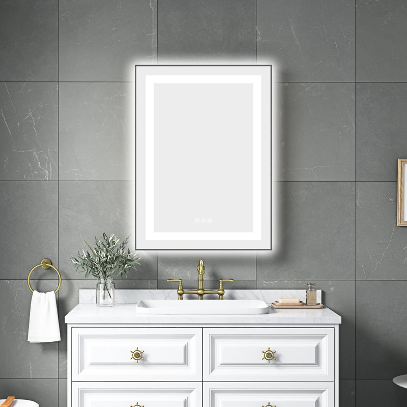 Miroir de salle de bain 24 po x 32 po à DEL avec éclairage avant et arrière, fixation murale, cadre en aluminium, 3 températures de couleur, gradation continue, bois de frêne, idéal pour éclairer le brouillard, surface