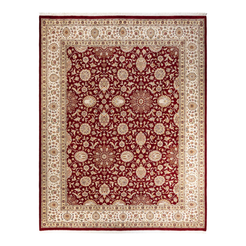 Tapis unique rouge / beige / ivoire noué à la main 9 pi 3 po x 11 pi 10 po Hayner