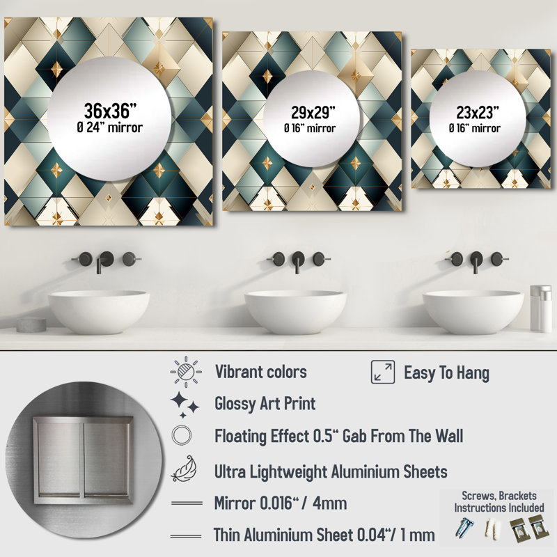 Harmonie cubique en marbre bleu sarcelle et gris - grand miroir mural carré moderne pour la chambre à coucher, 23 po x 23 po